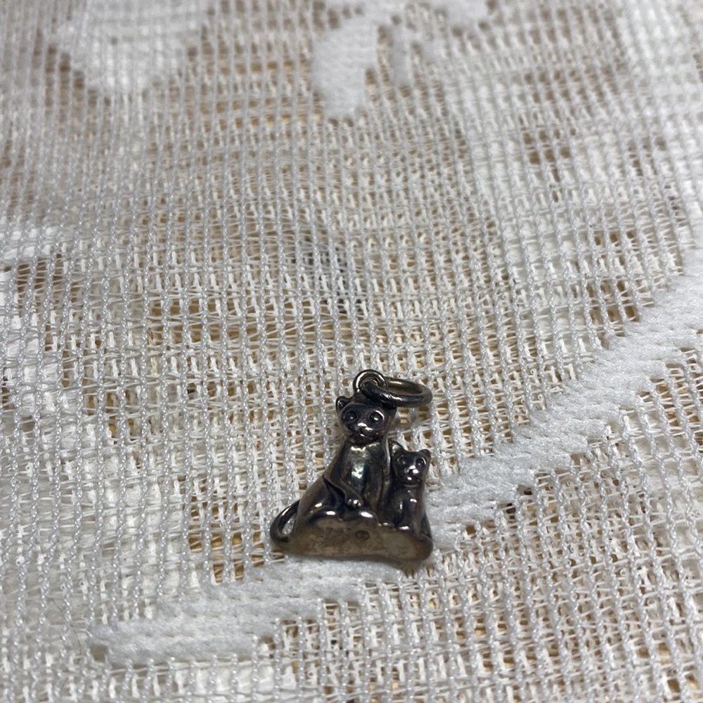 Very Tiny Sterling Silver 925 Cat & Kitten Pendant